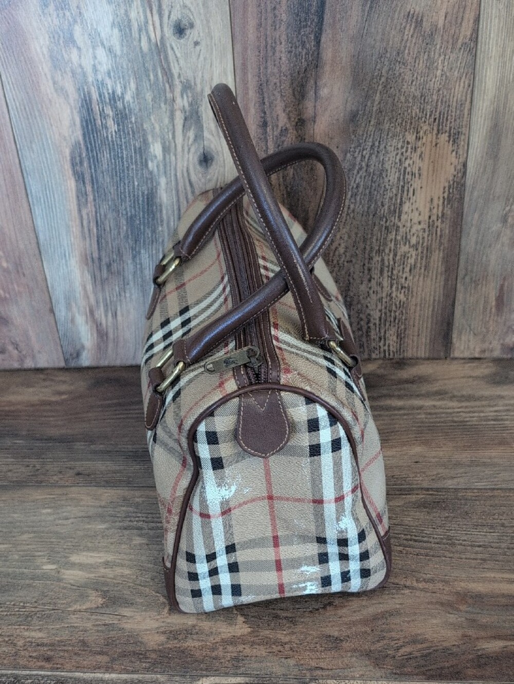 Burberry Vintage Nova Haymarket Check Print Woven Pattern Leather Trim - Picture 5 of 16